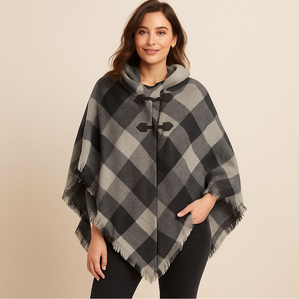 Sonoma Goods for Life Plaid Hooded Poncho - Gray/Black Checkered